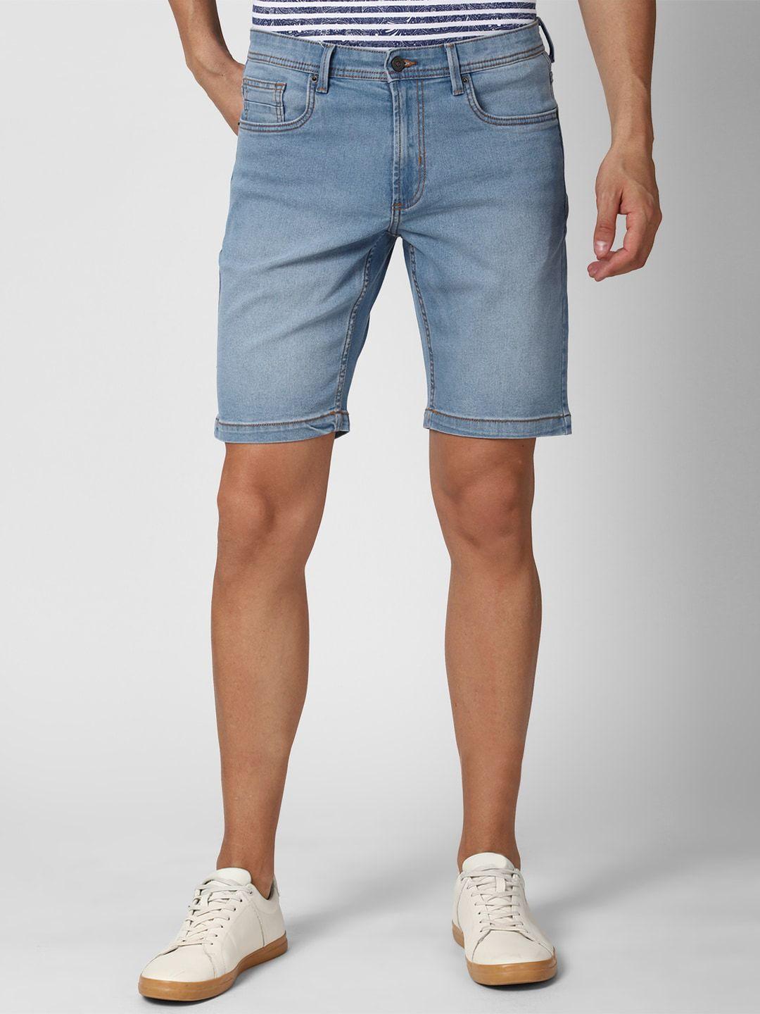 peter england casuals men blue washed denim shorts