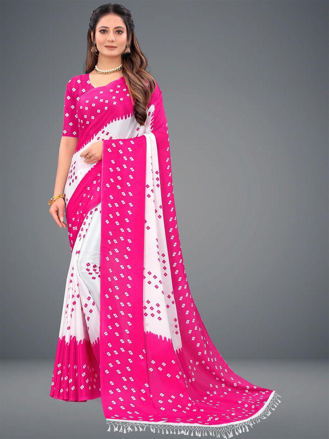 laheja pink & white bandhani saree