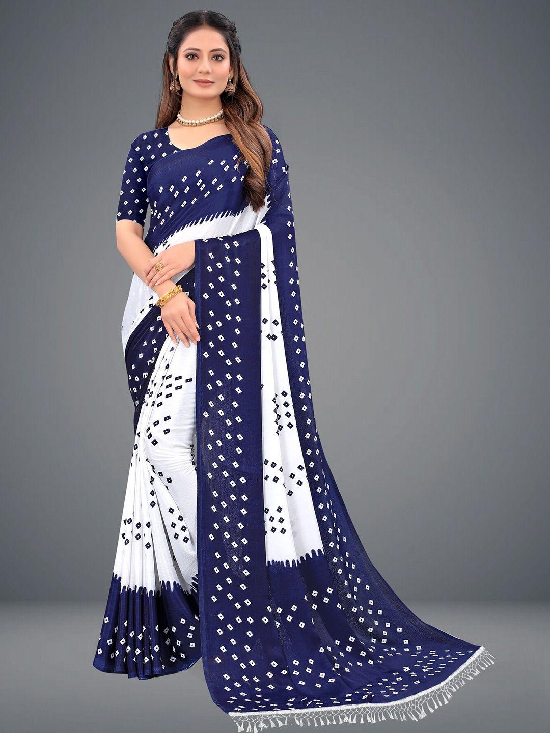 laheja navy blue & white printed bandhani saree