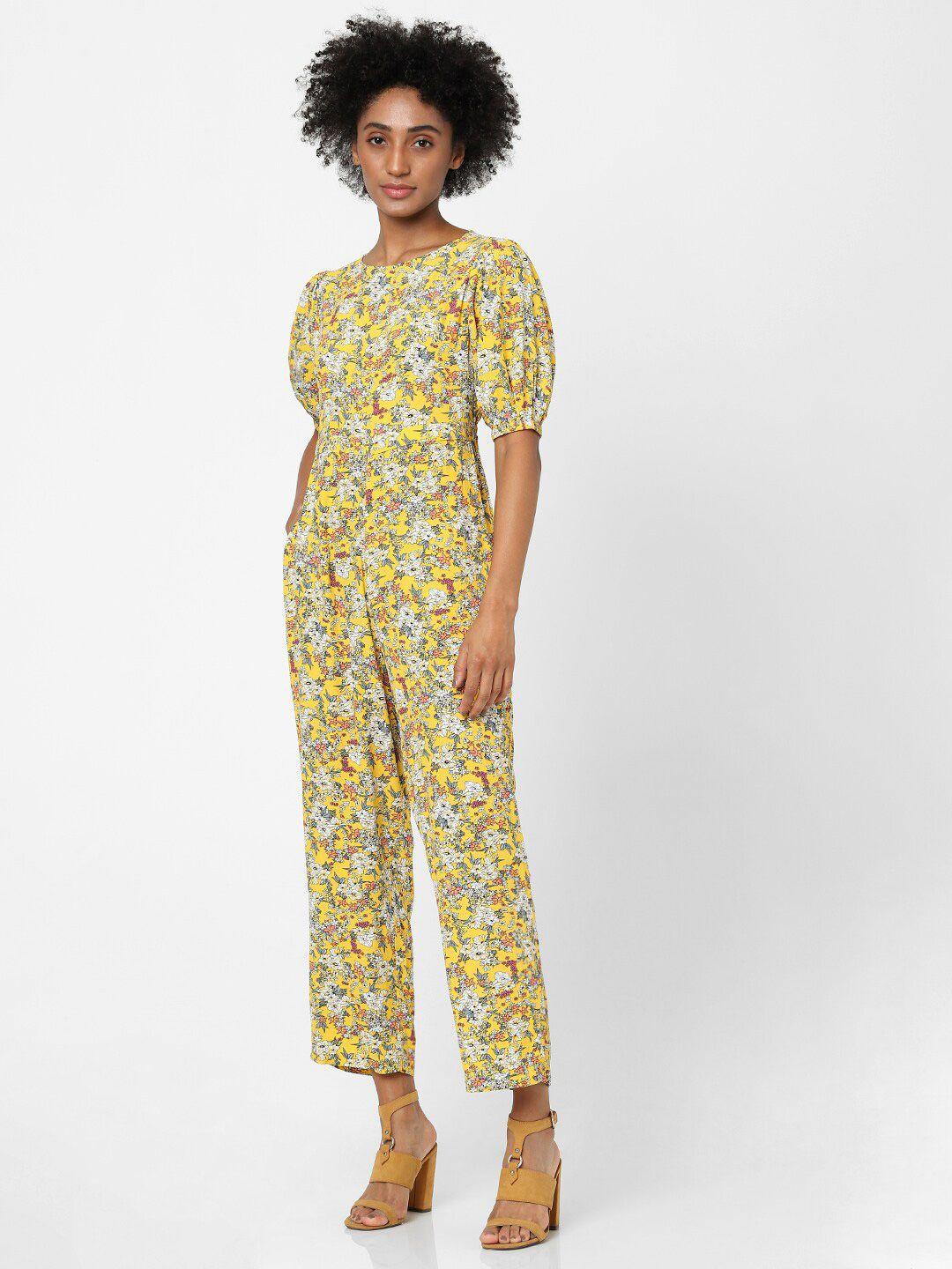 only women yellow & white printed basic jumpsuit