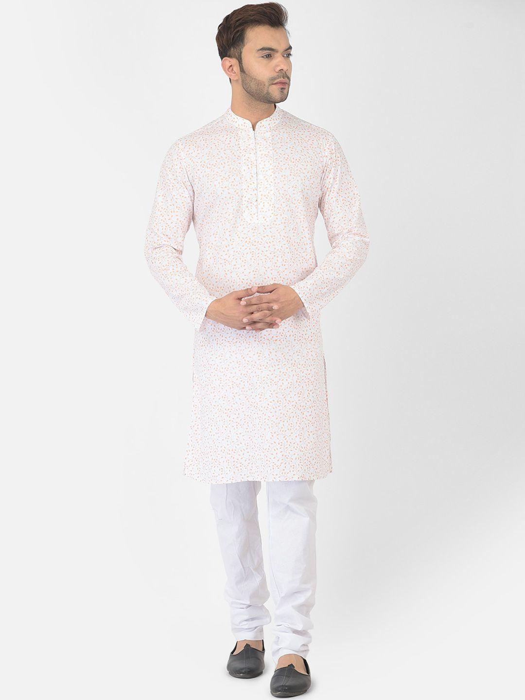 deyann men white floral printed pure cotton kurta with pyjamas