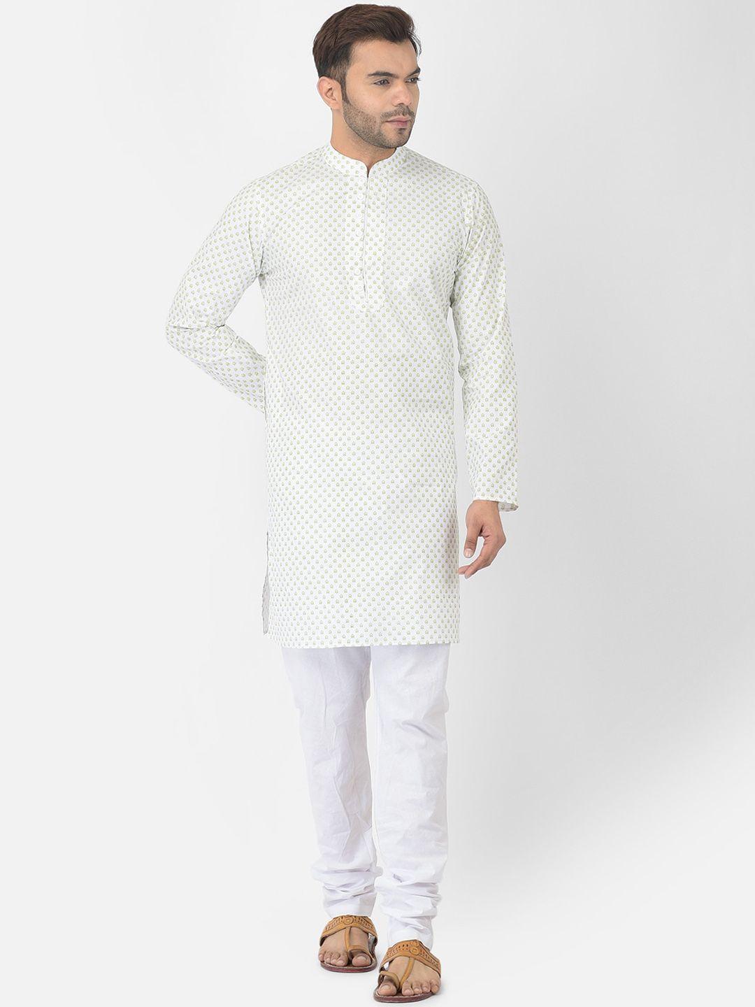 deyann men white floral printed pure cotton kurta with pyjamas