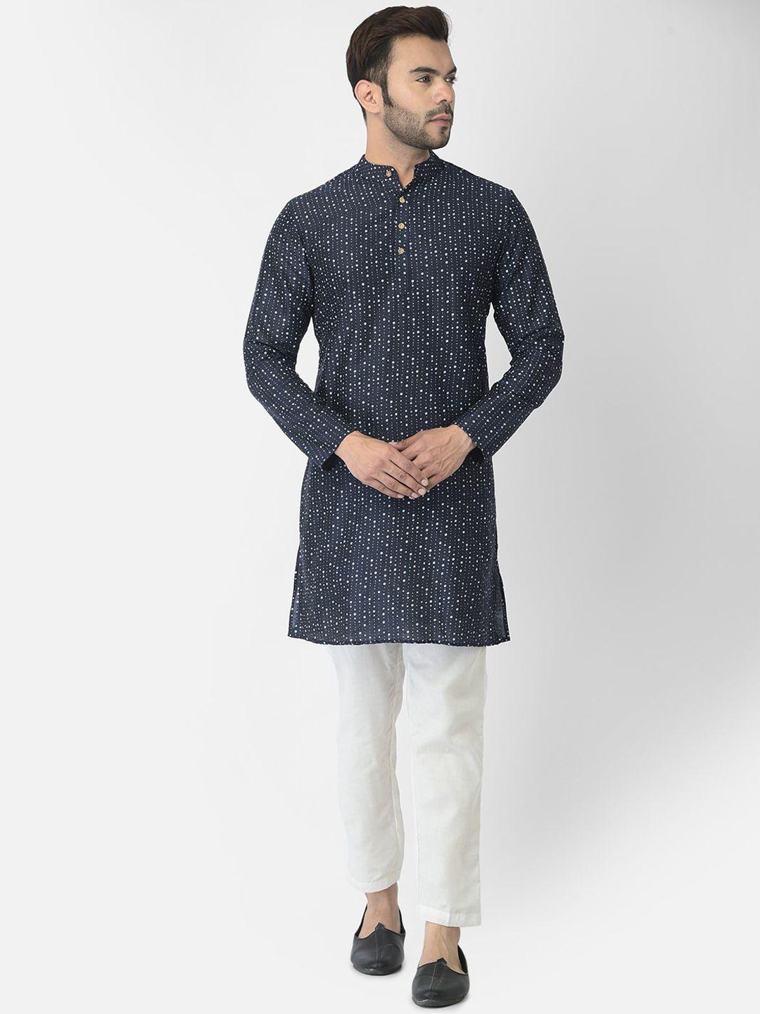 deyann men navy blue & white printed kurta with trousers