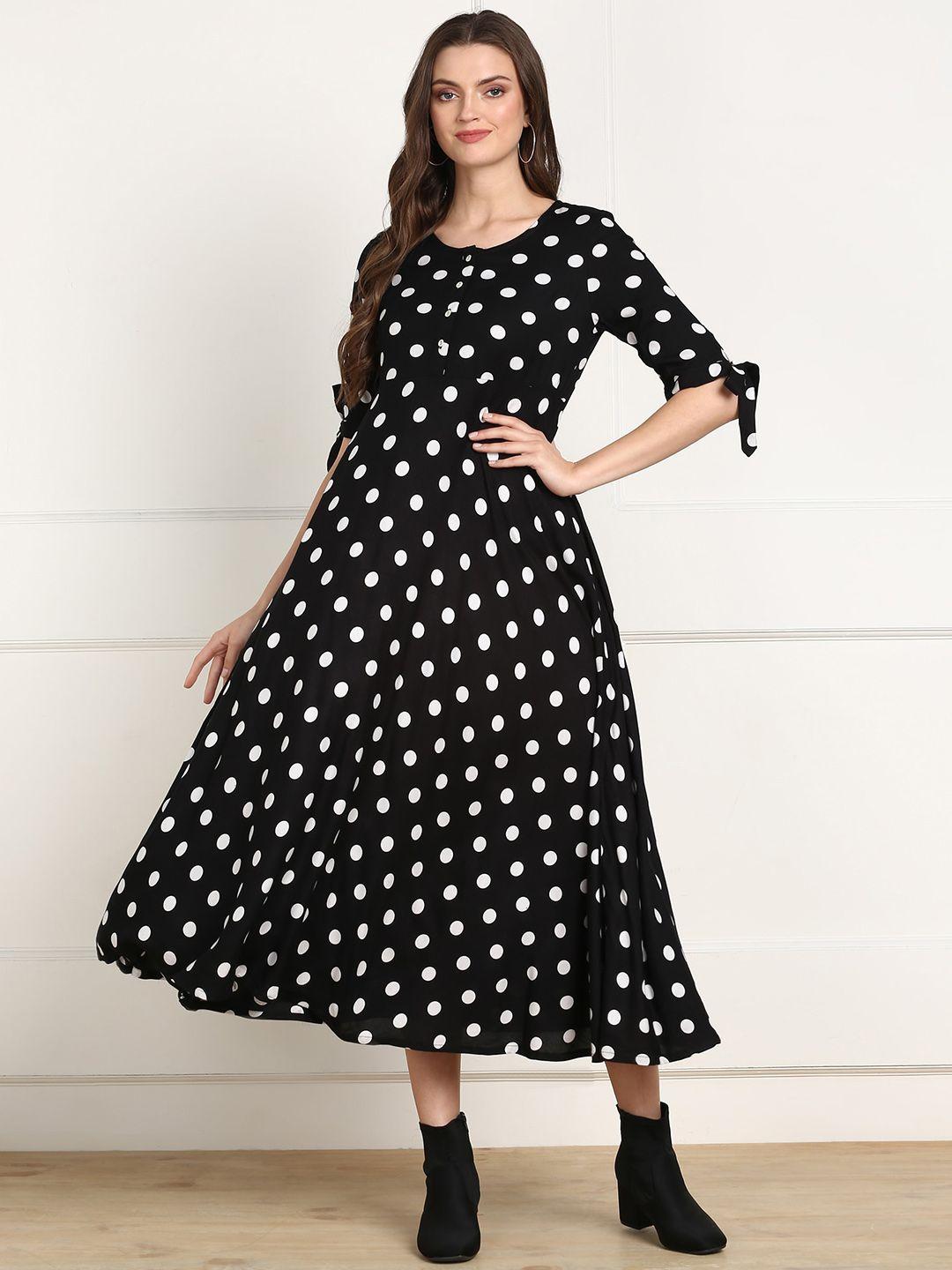 znx clothing black polka dot printed midi dress