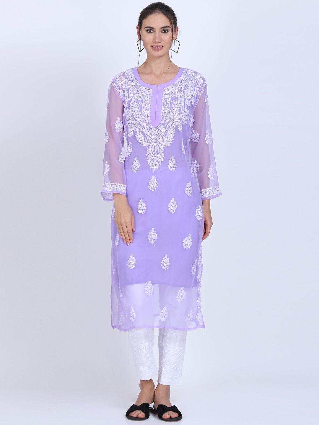 paramount chikan women mauve & white ethnic motifs embroidered flared sleeves chikankari georgette kurta