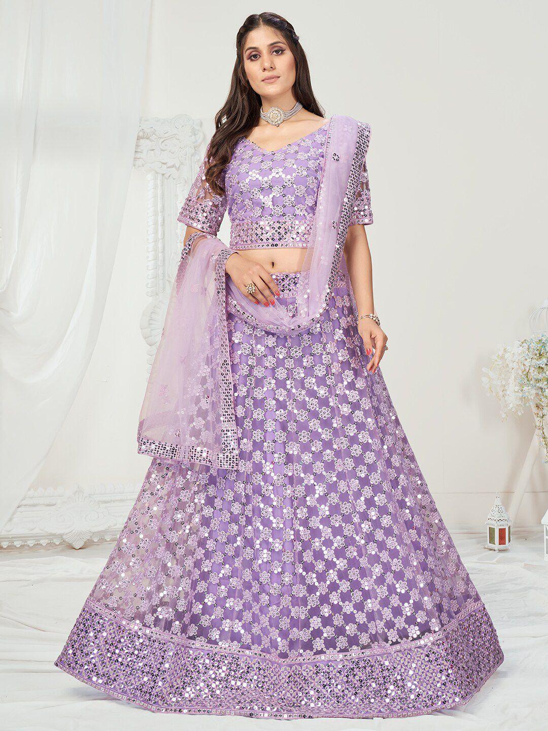 white fire lavender embellished sequinned semi-stitched lehenga & unstitched blouse with dupatta