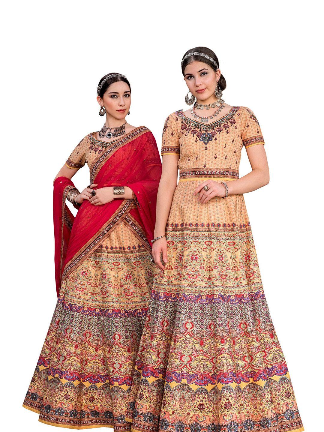 saptrangi orange & red embroidered thread work semi-stitched lehenga & unstitched blouse with dupatta