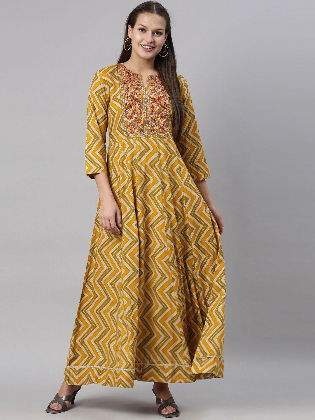 neerus women mustard yellow geometric printed gotta patti anarkali kurta