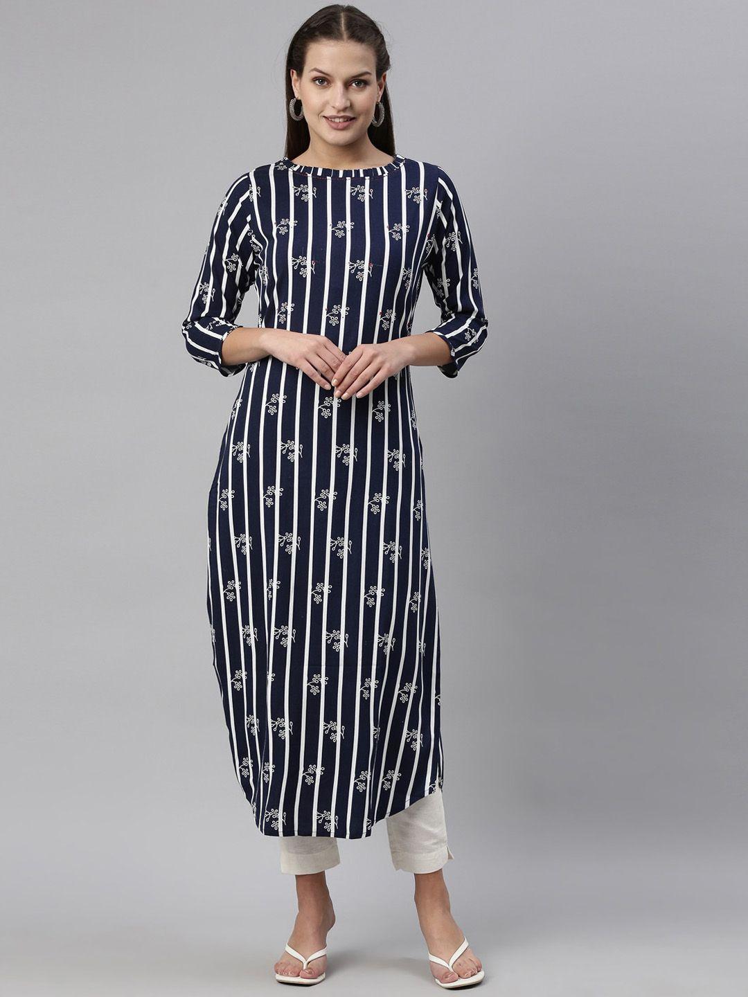 neerus women navy blue striped flared sleeves mirror work pathani kurta