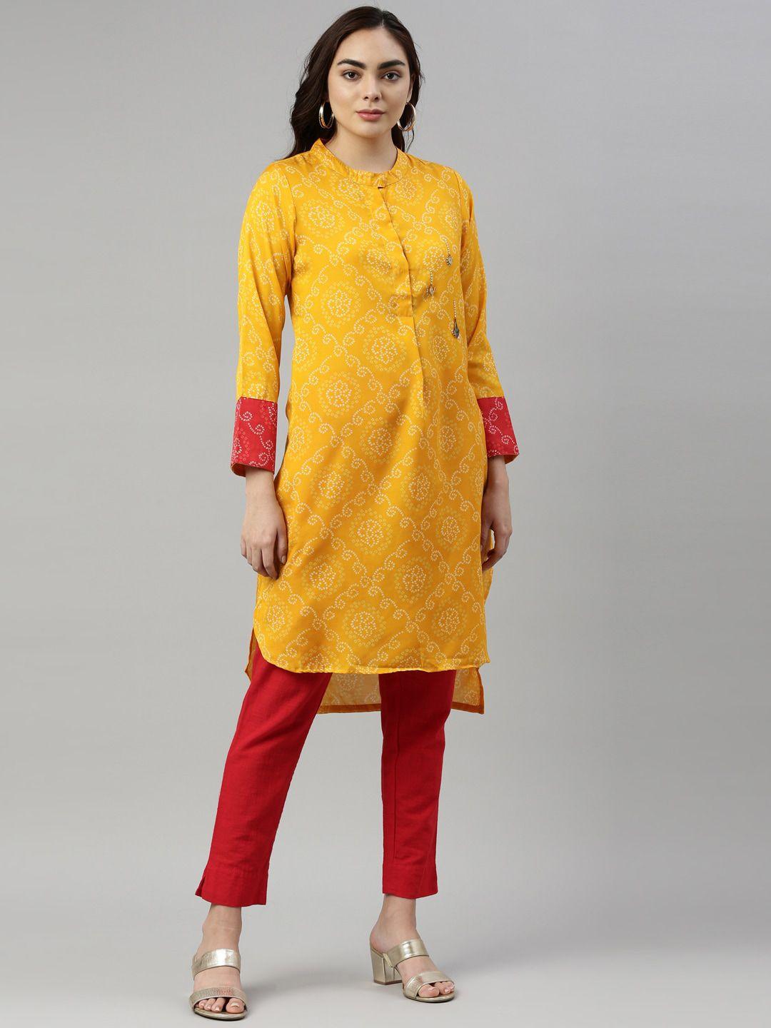 neerus women mustard yellow bandhani printed pathani kurta