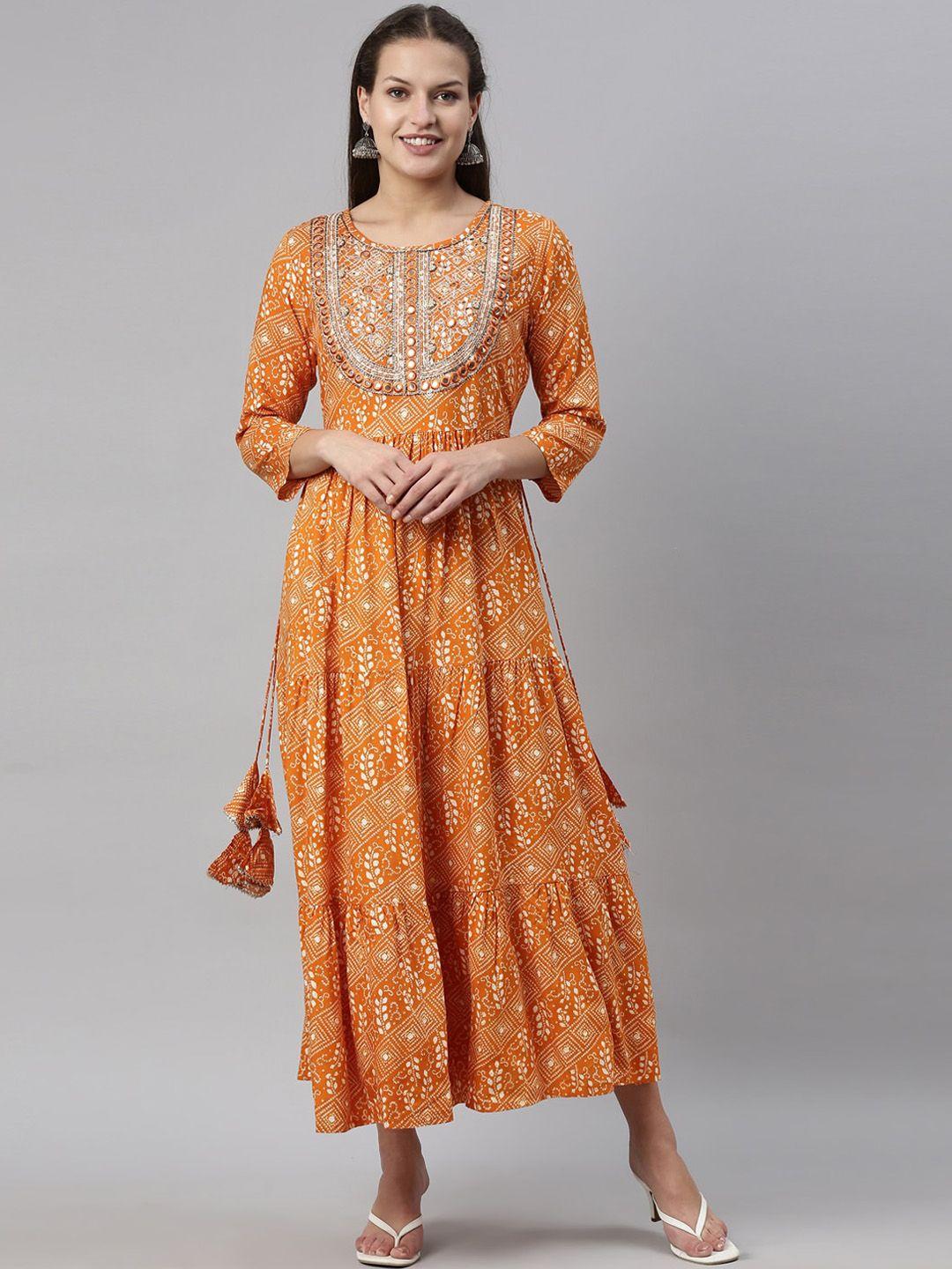 neerus women mustard yellow printed anarkali kurta