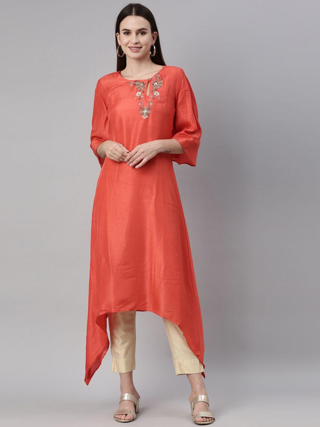 neerus women red embroidered keyhole neck thread work kurta