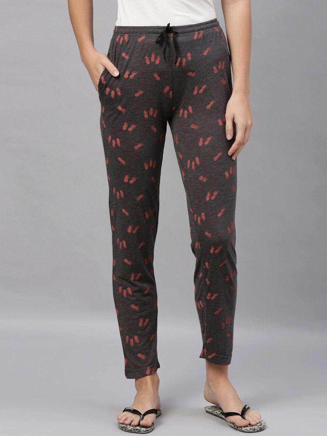 kryptic women grey & red printed pure cotton lounge pants