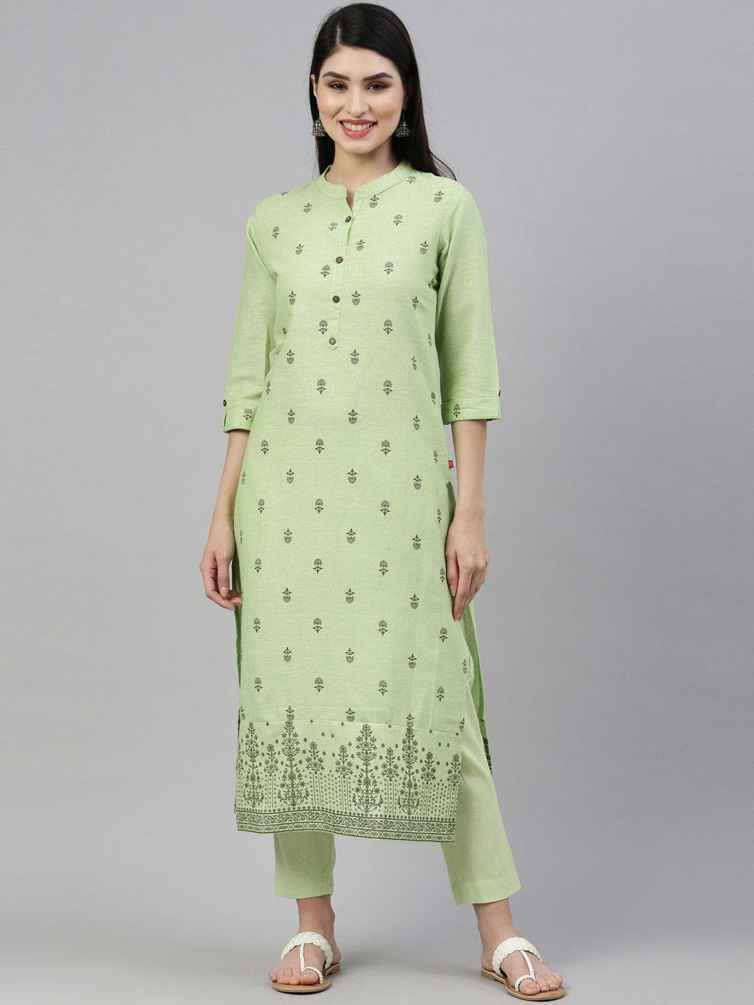 marcia women green floral printed pure cotton kurta with trousers