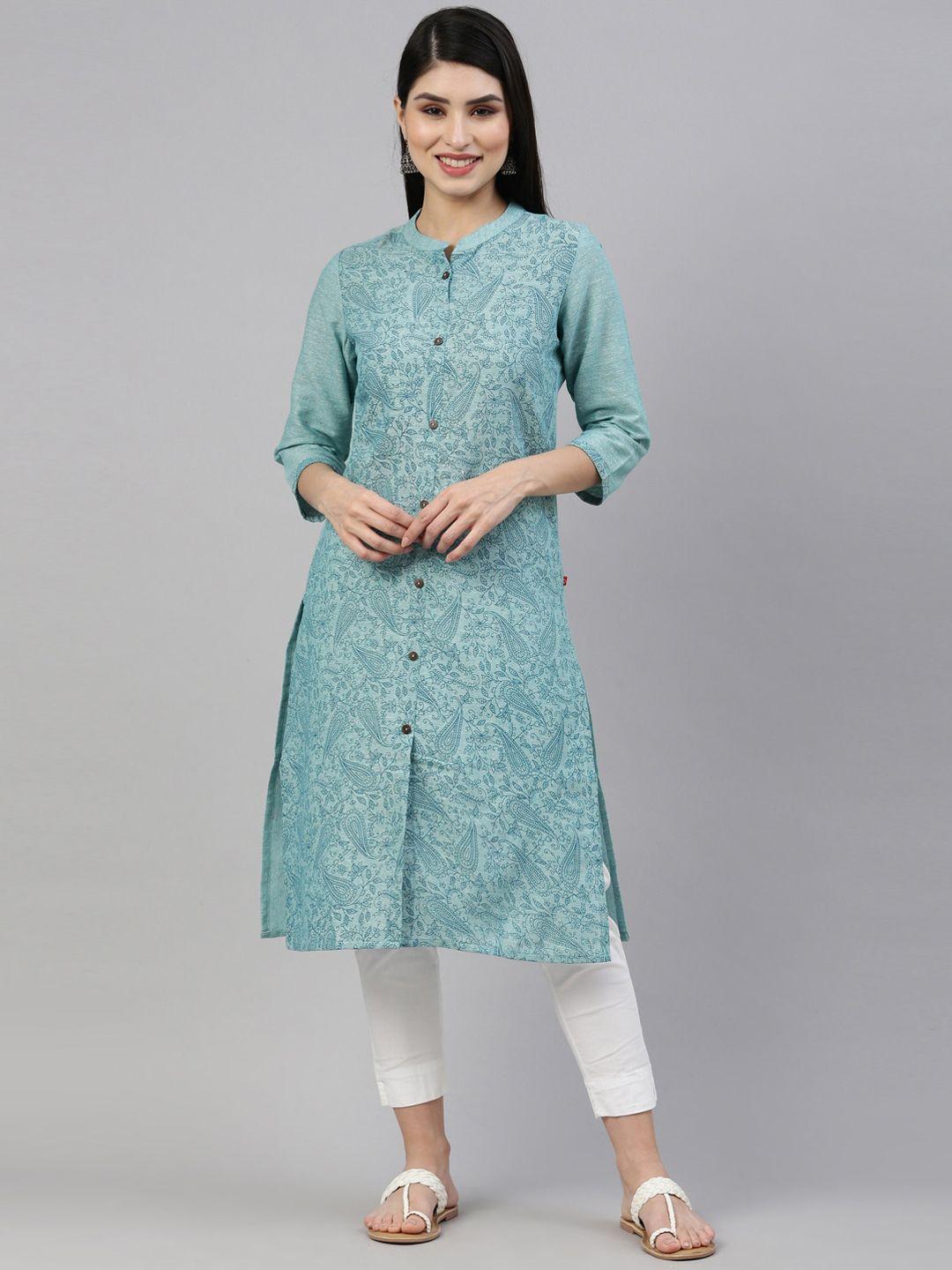 marcia women blue ethnic motifs printed mandarin collar kurta