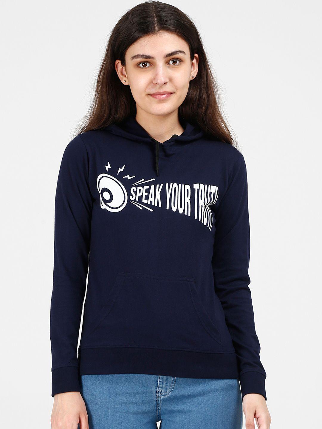 fleximaa women navy blue printed hooded sweatshirt