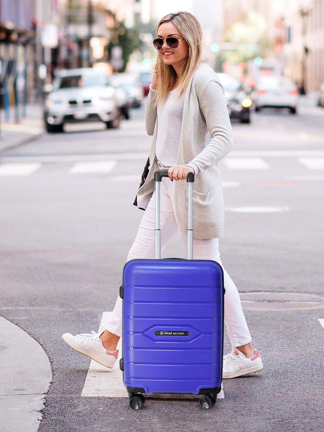 swiss military unisex blue textured hard sided cabin trolley suitcase