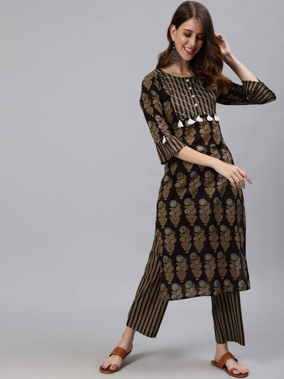 jaipur kurti women black & gold ethnic motifs printed pure cotton kurta with trousers