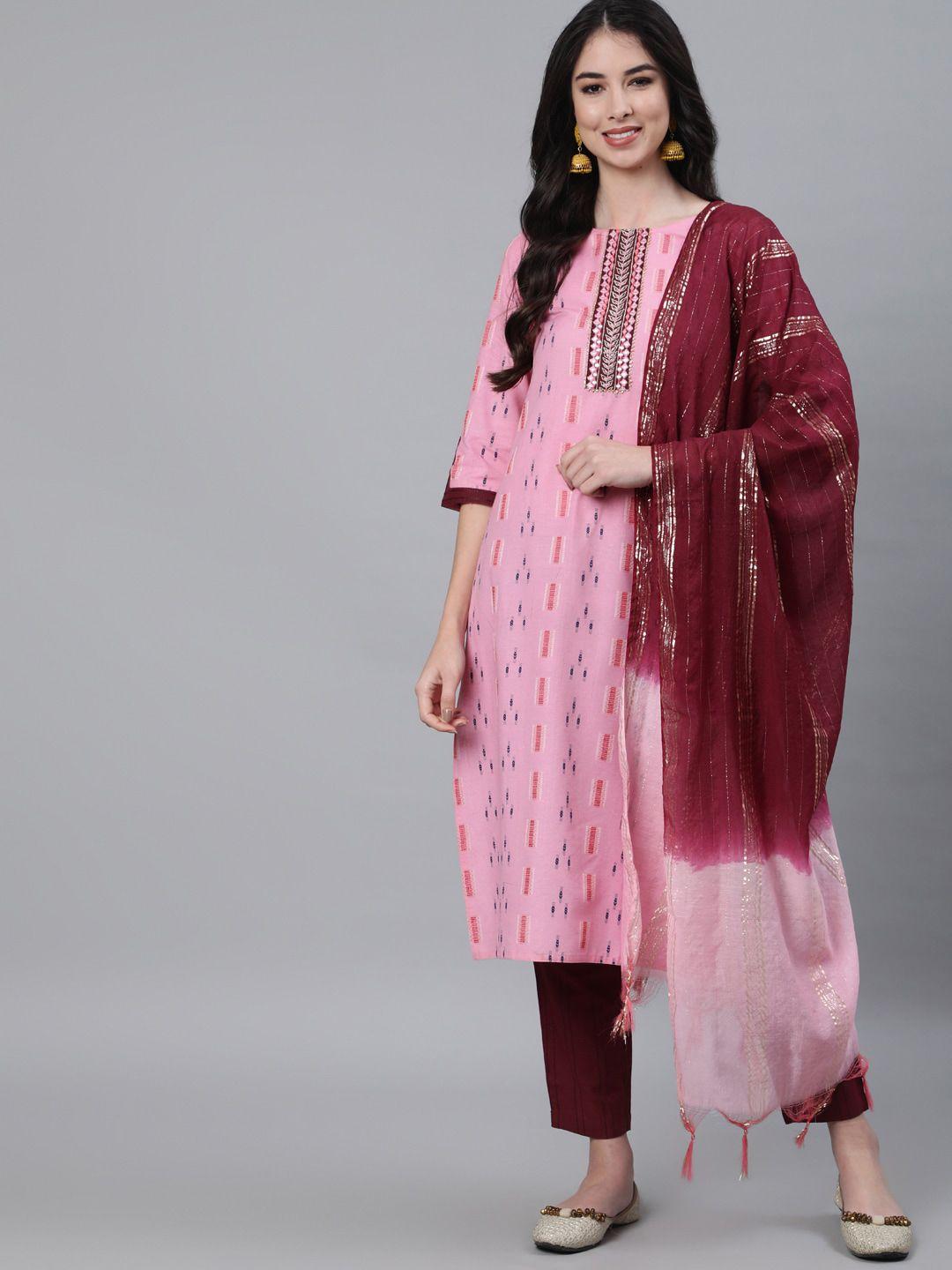 jaipur kurti women pink & maroon printed cotton blend kurta set