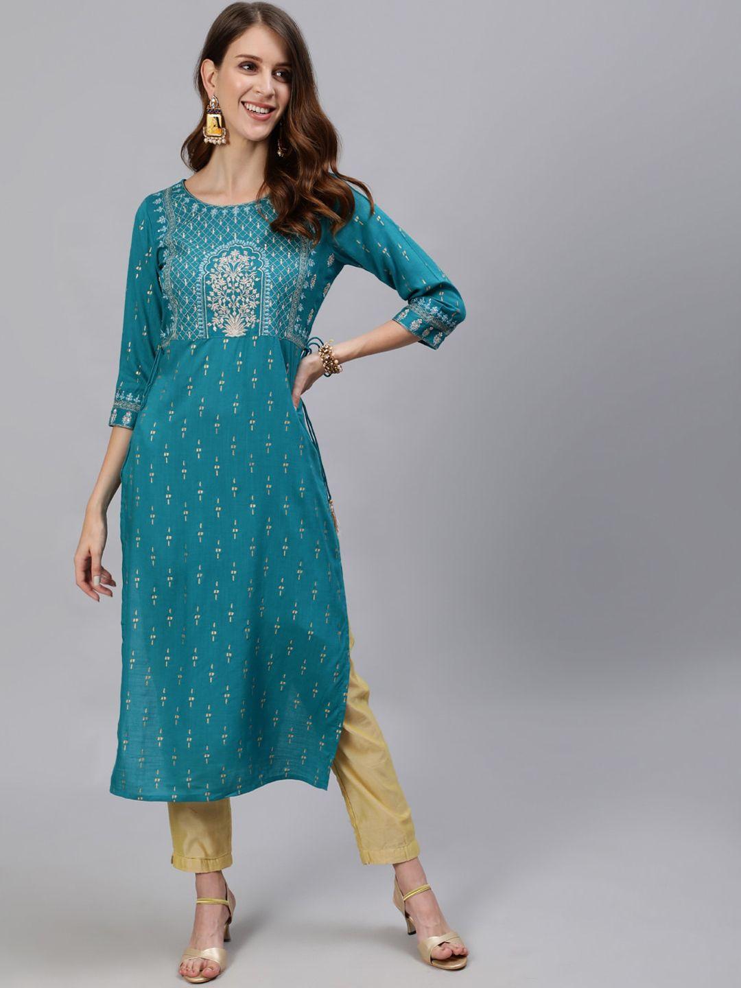 jaipur kurti women teal ethnic motifs printed thread work kurta