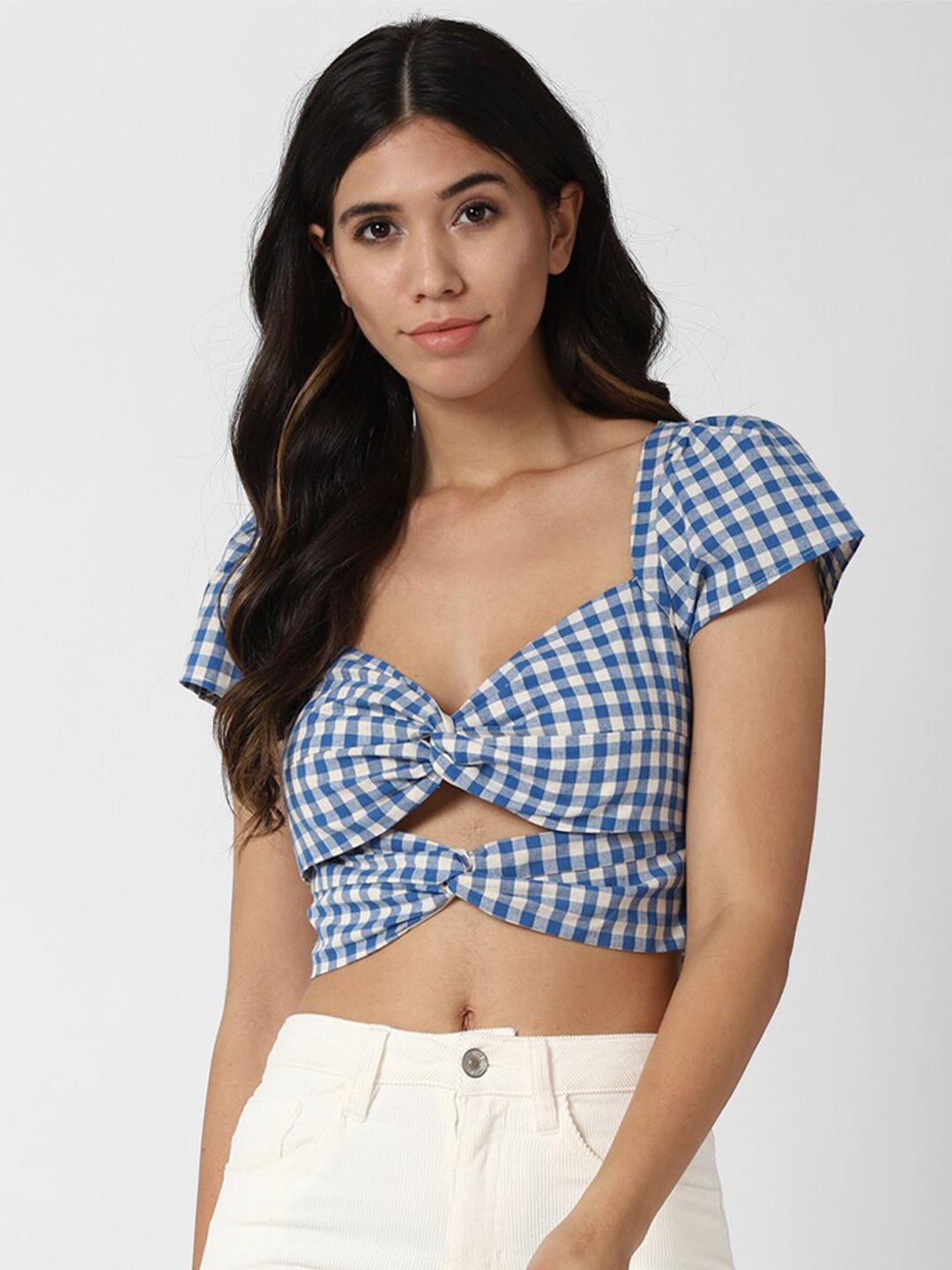 forever 21 blue checked sweetheart neck crop top