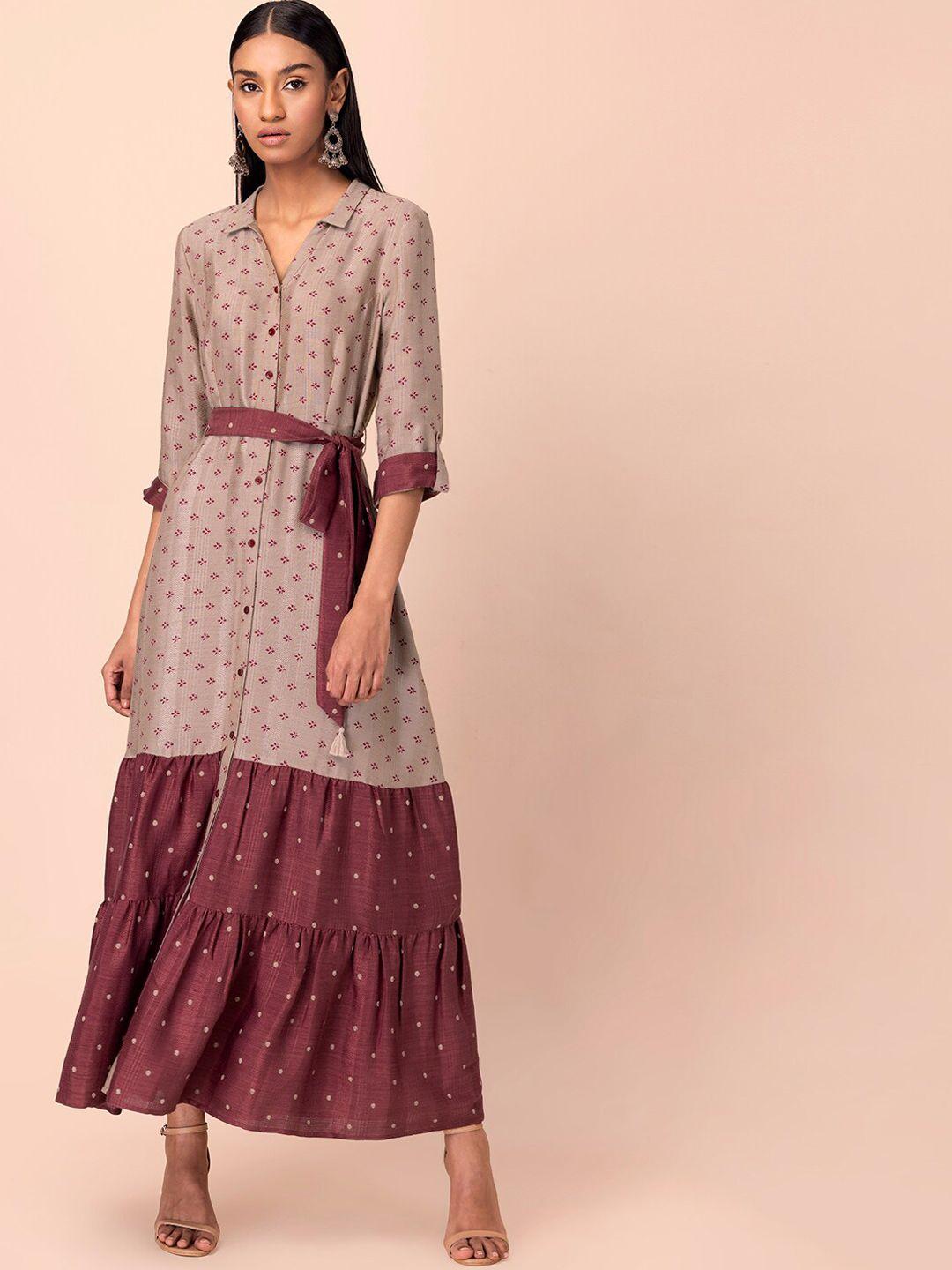 indya women maroon & beige printed tiered shirt kurta with attached belt