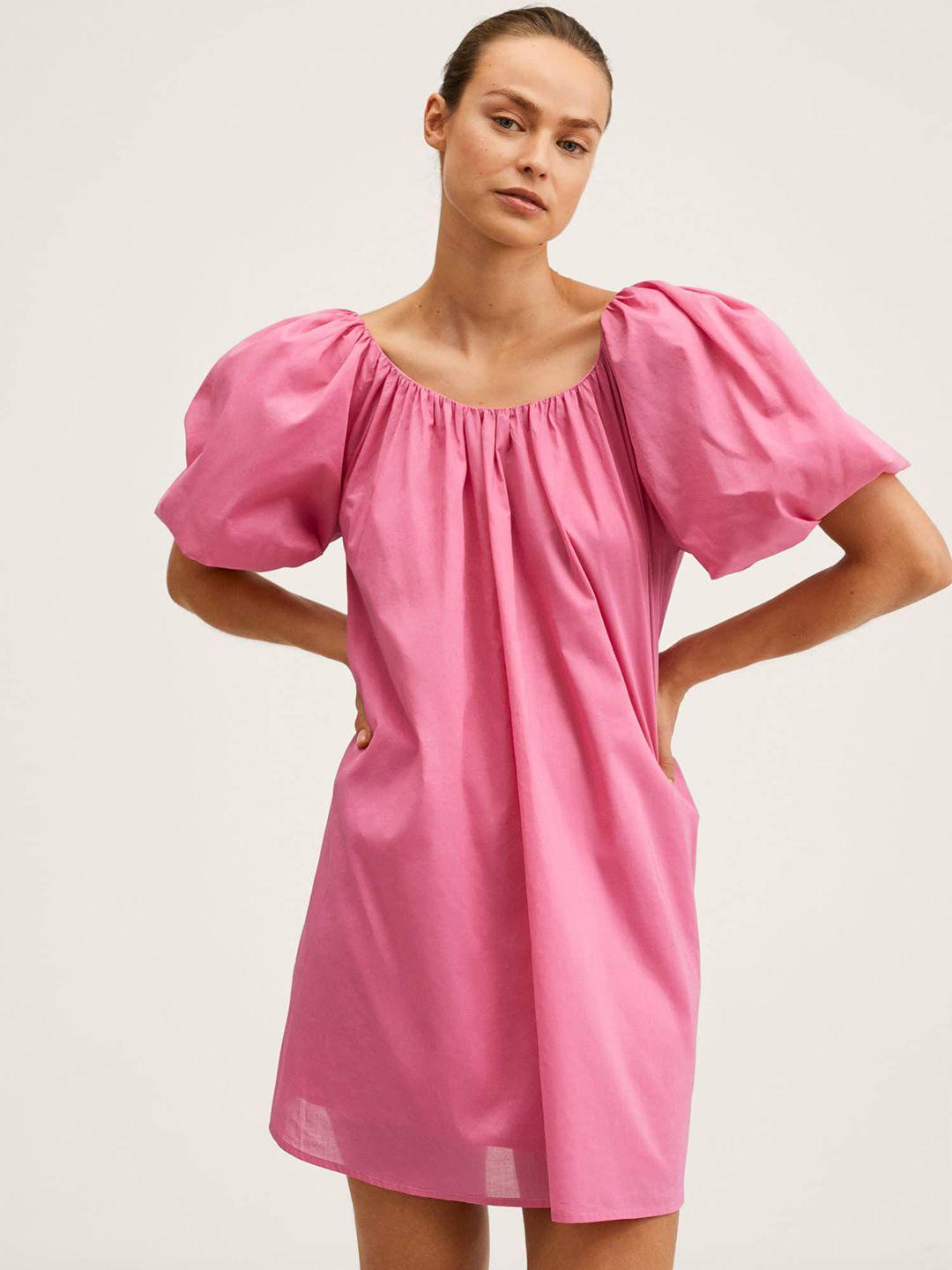 mango pink solid cotton a-line dress