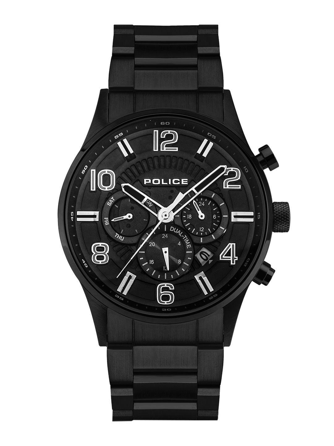 police men black dial & black stainless steel bracelet style straps analogue watch