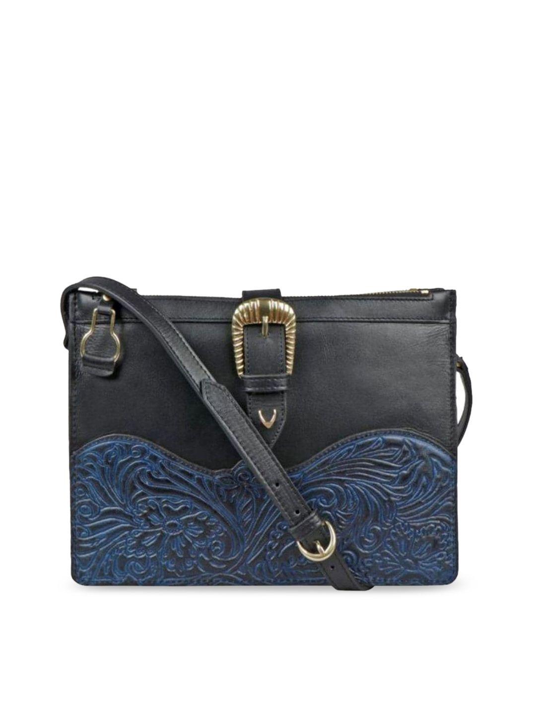 hidesign black textured leather structured sling bag