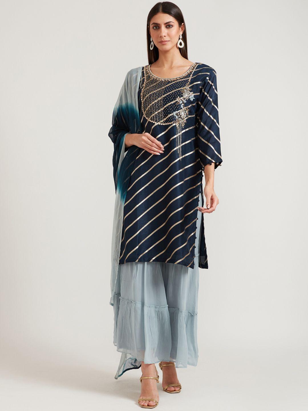 neerus women navy blue printed gotta patti dupion silk kurta with palazzos & with dupatta