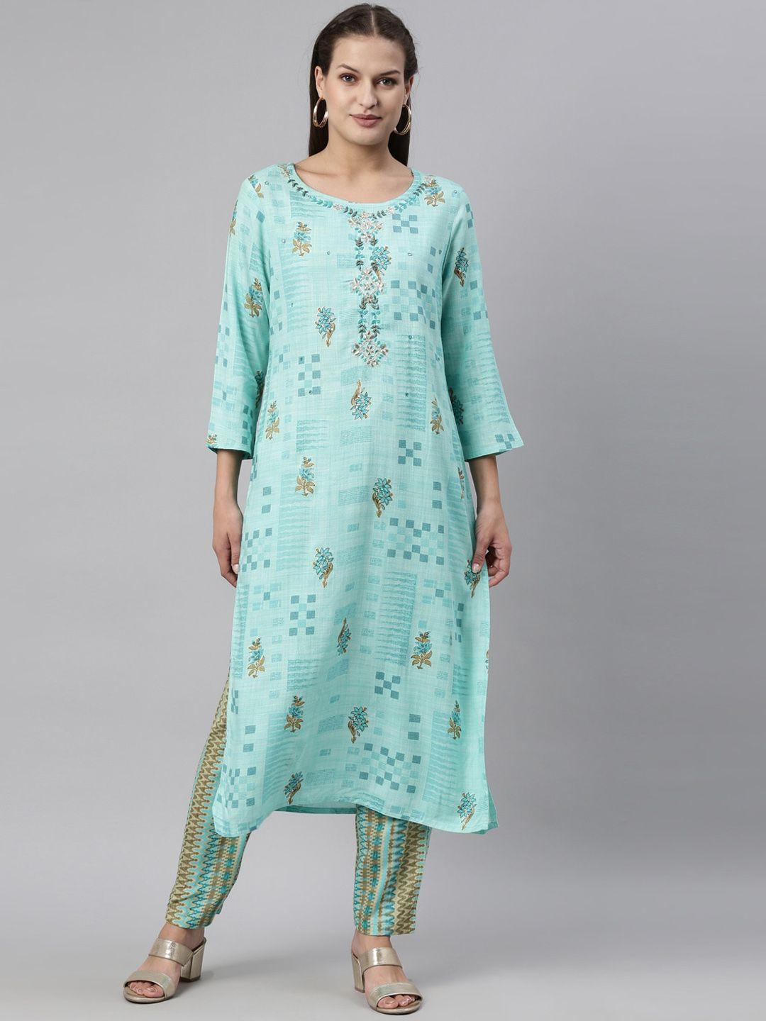 neerus women sea green floral printed kurta with trousers