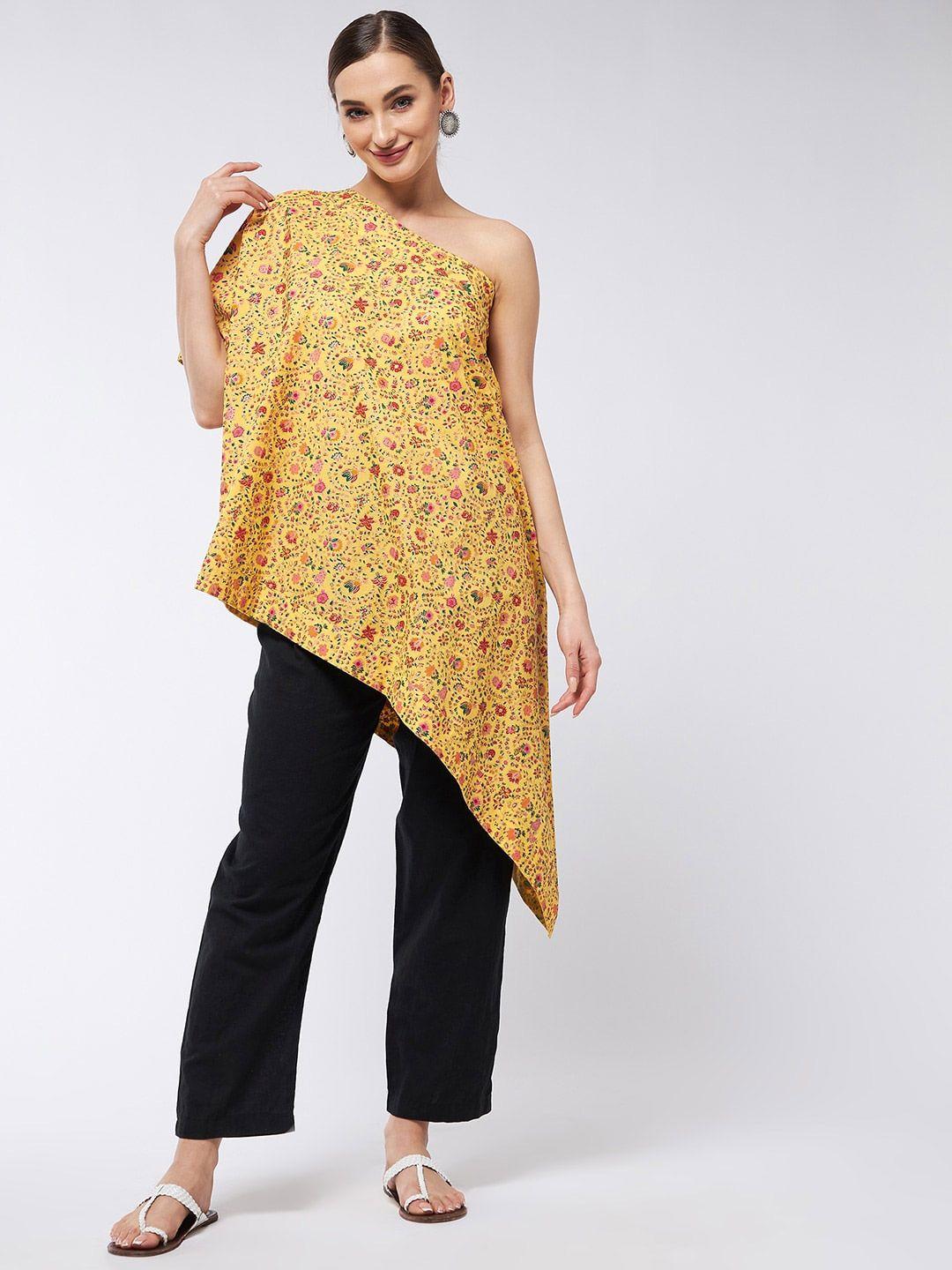 inweave women yellow floral print one shoulder extended sleeves high-low top