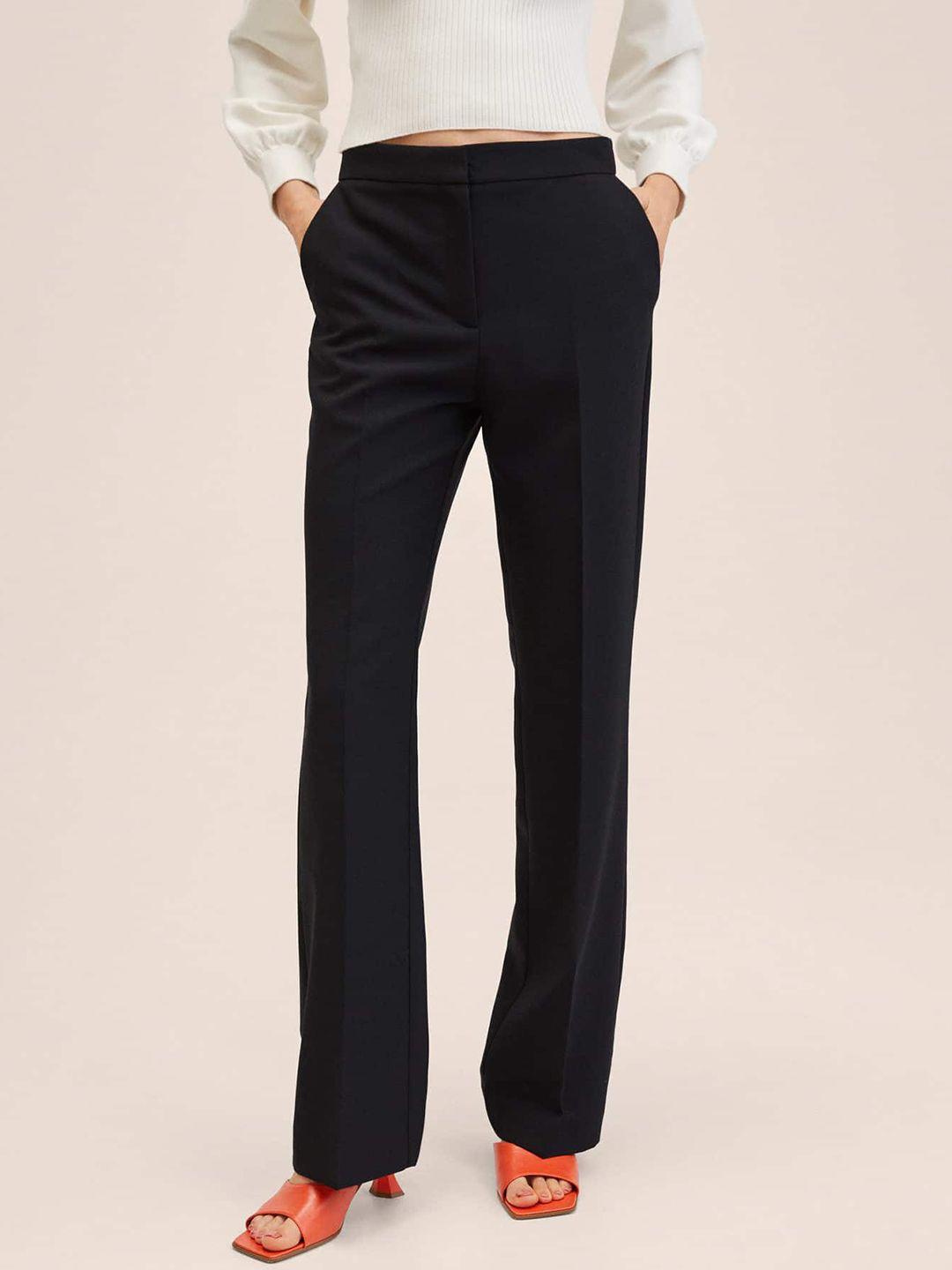 mango women black solid trousers