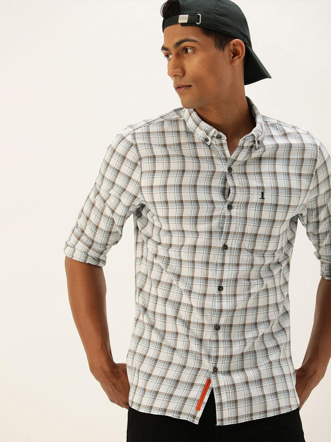 single men white checked slim fit pure cotton casual shirt