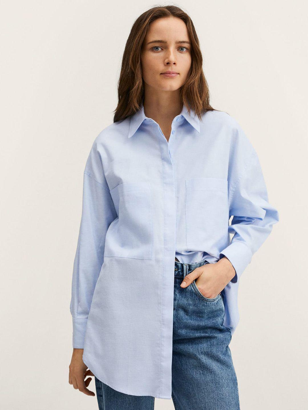 mango women blue pure cotton solid oversize casual shirt