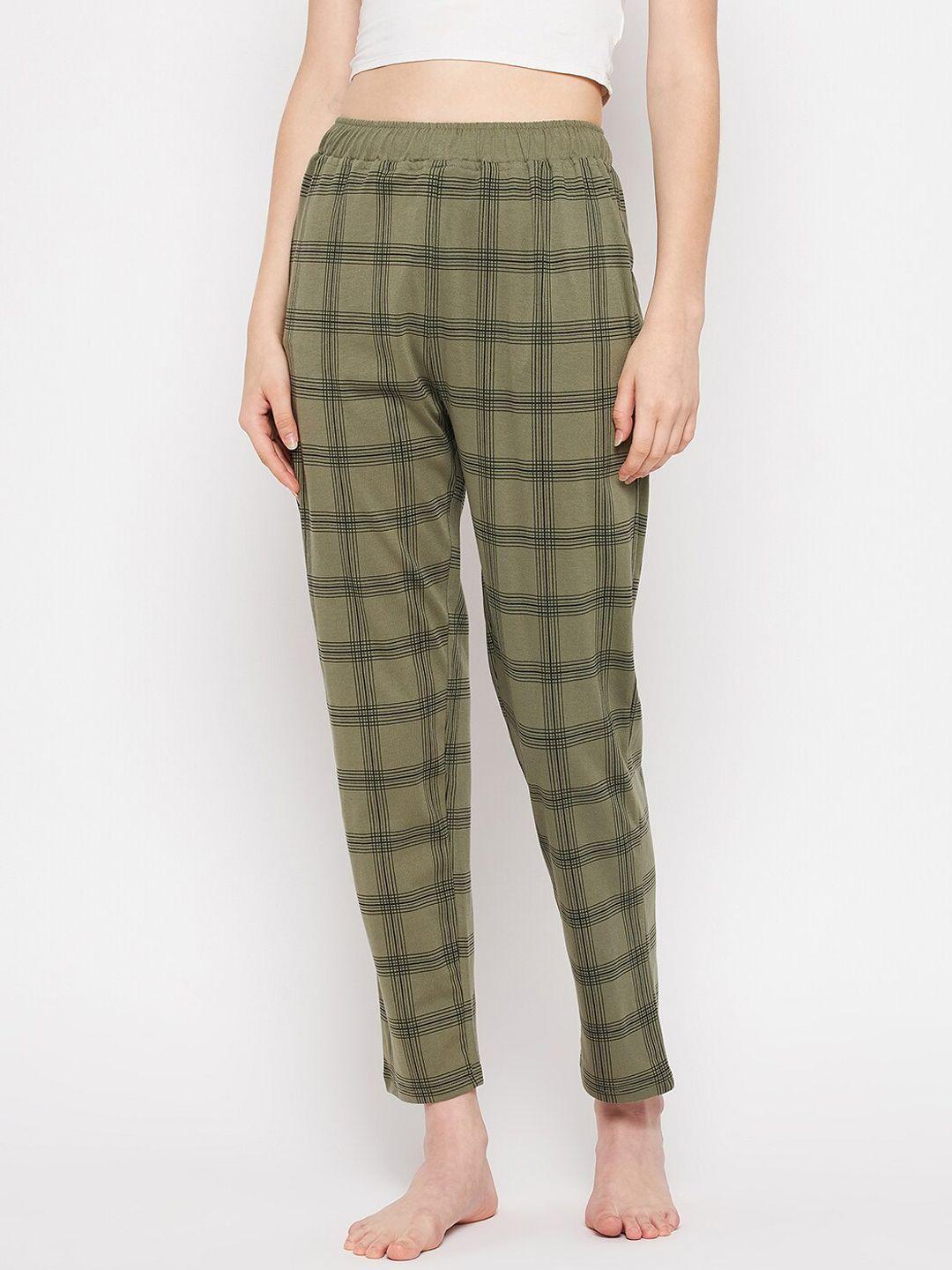 okane women olive green checked cotton lounge pant