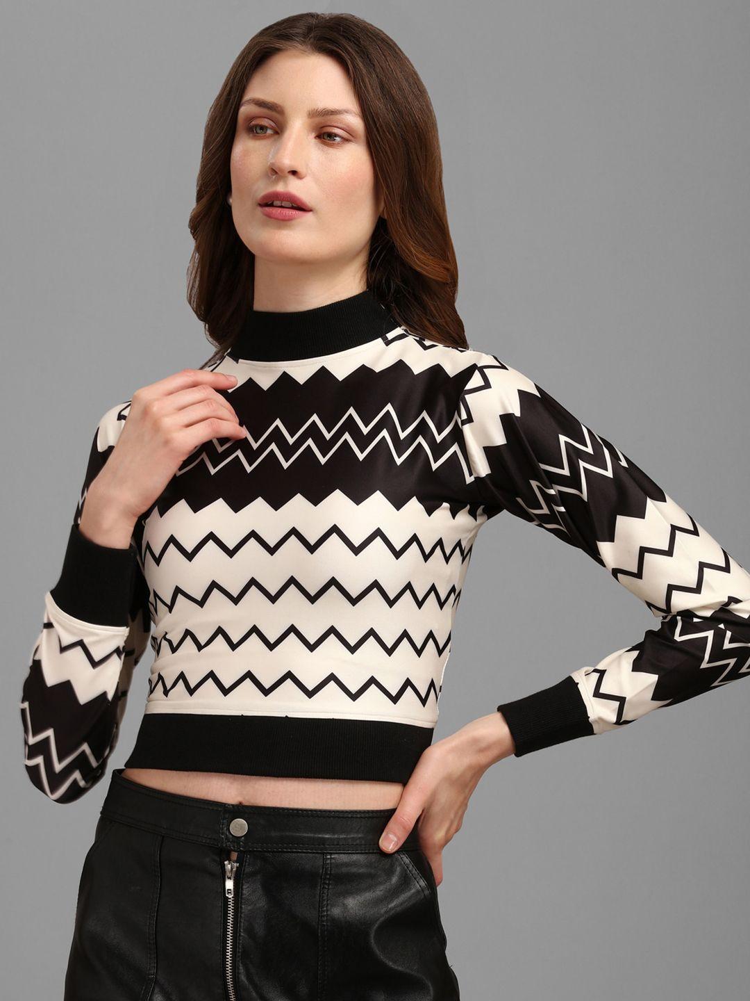 purvaja women beige and black geometric zig zag printed high neck long sleeves crop top