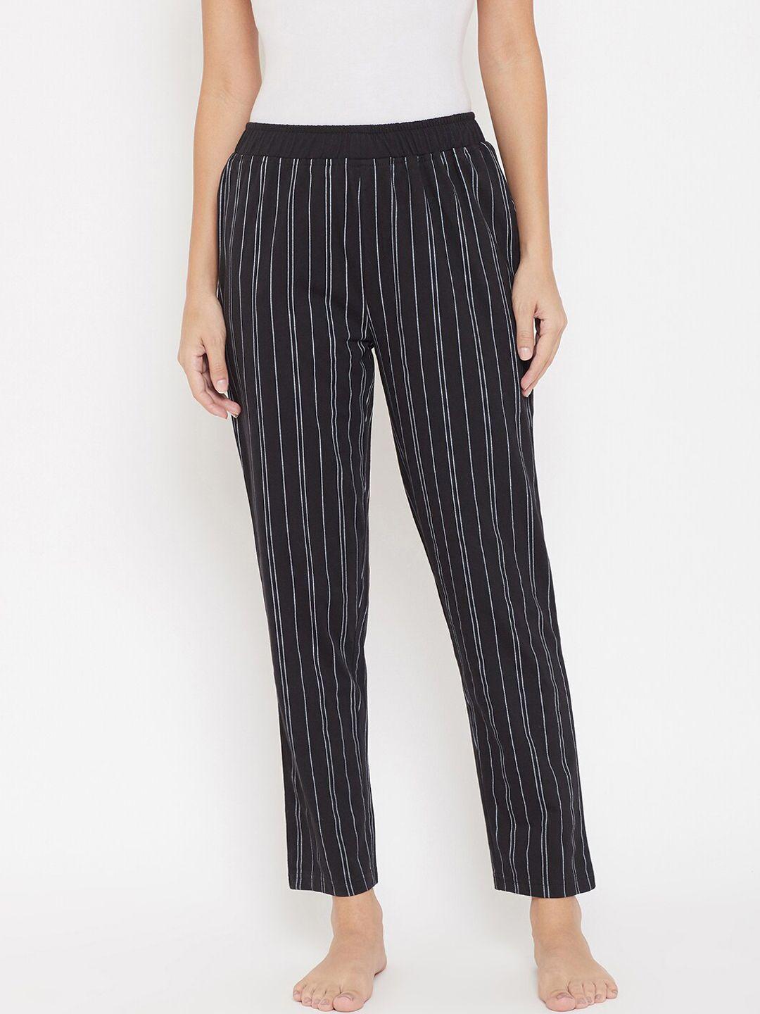 okane women black & white striped cotton lounge pants