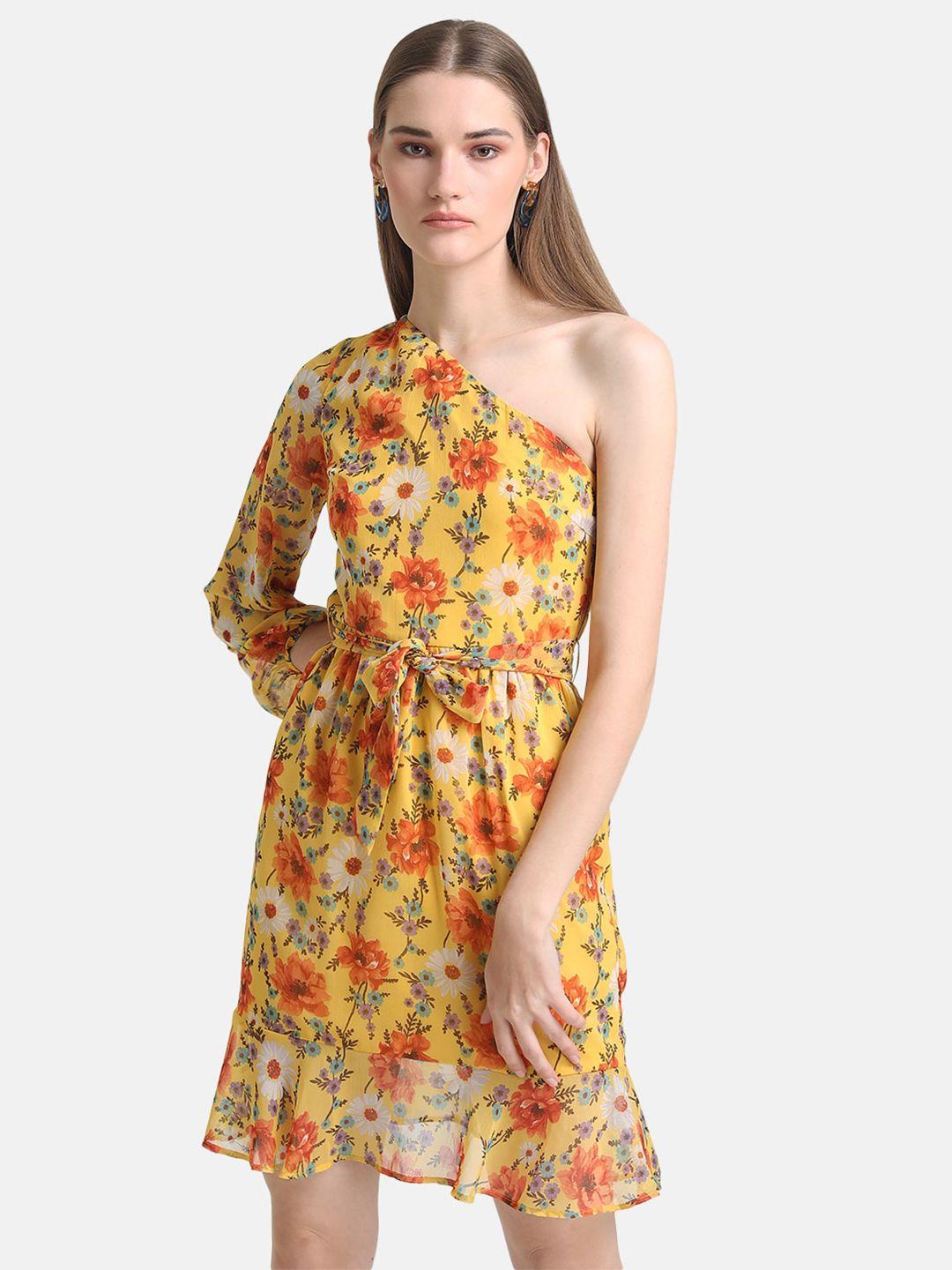 kazo yellow floral one shoulder chiffon dress