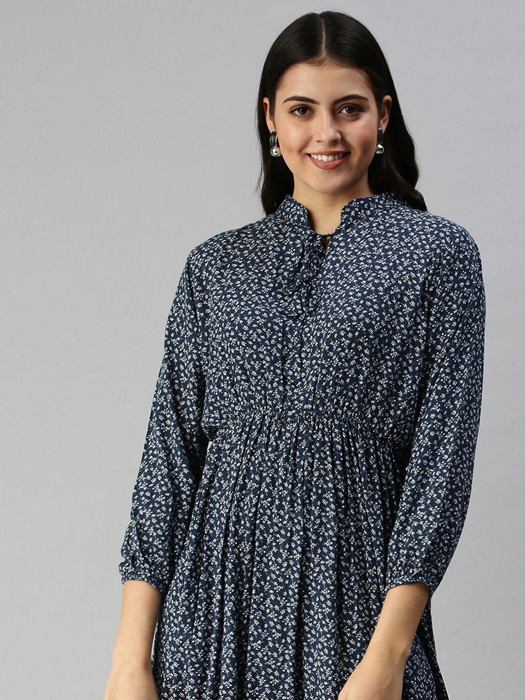 showoff blue tie-up neck shirt dress