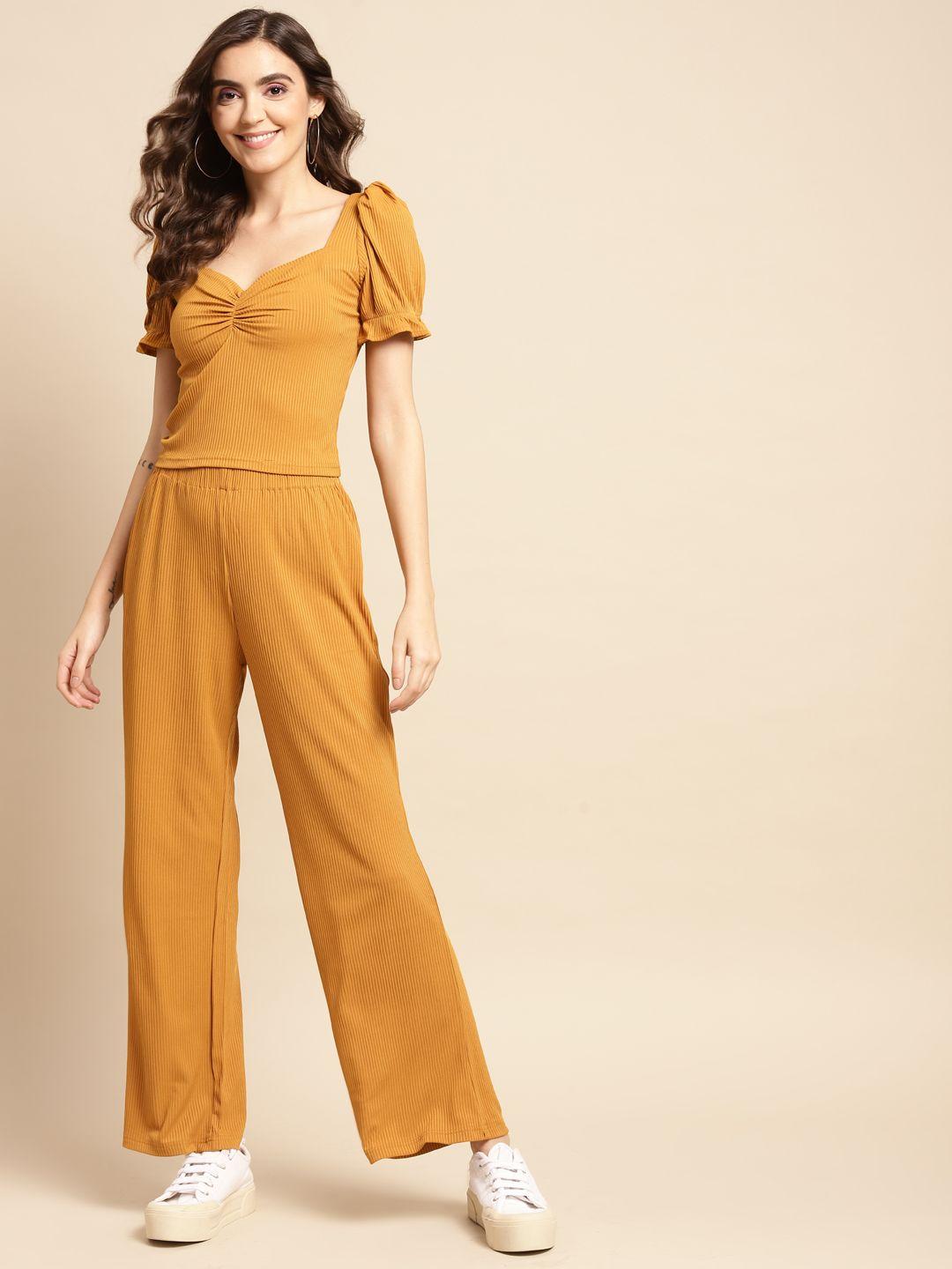 woowzerz women mustard yellow ribbed top & palazzos set