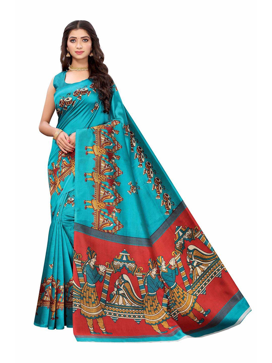 aadvika blue & red ethnic motifs printed saree