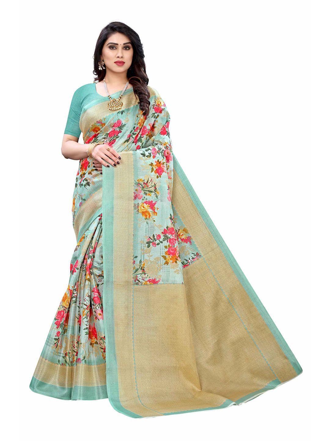 aadvika sea green & pink floral printed khadi saree