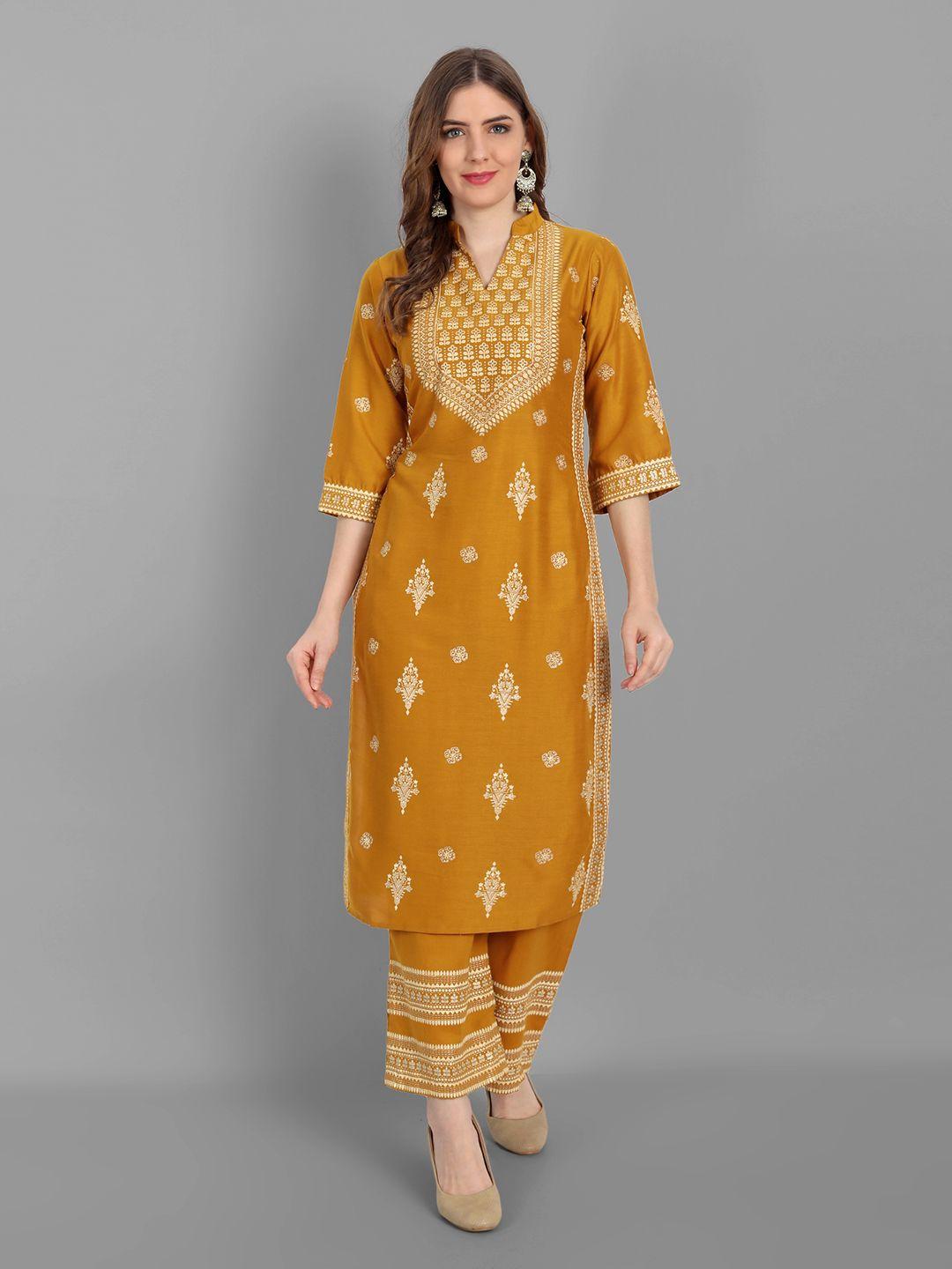 v tradition women yellow ethnic motifs printed kurta with palazzos