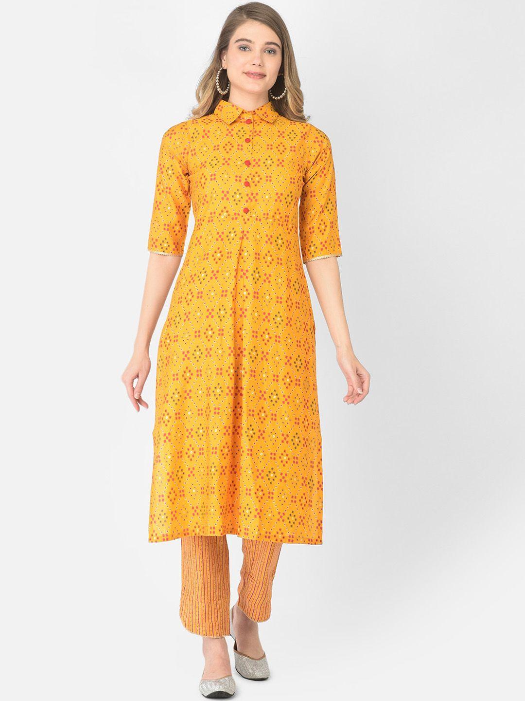 v tradition women yellow printed pleated gotta patti kurti with trousers