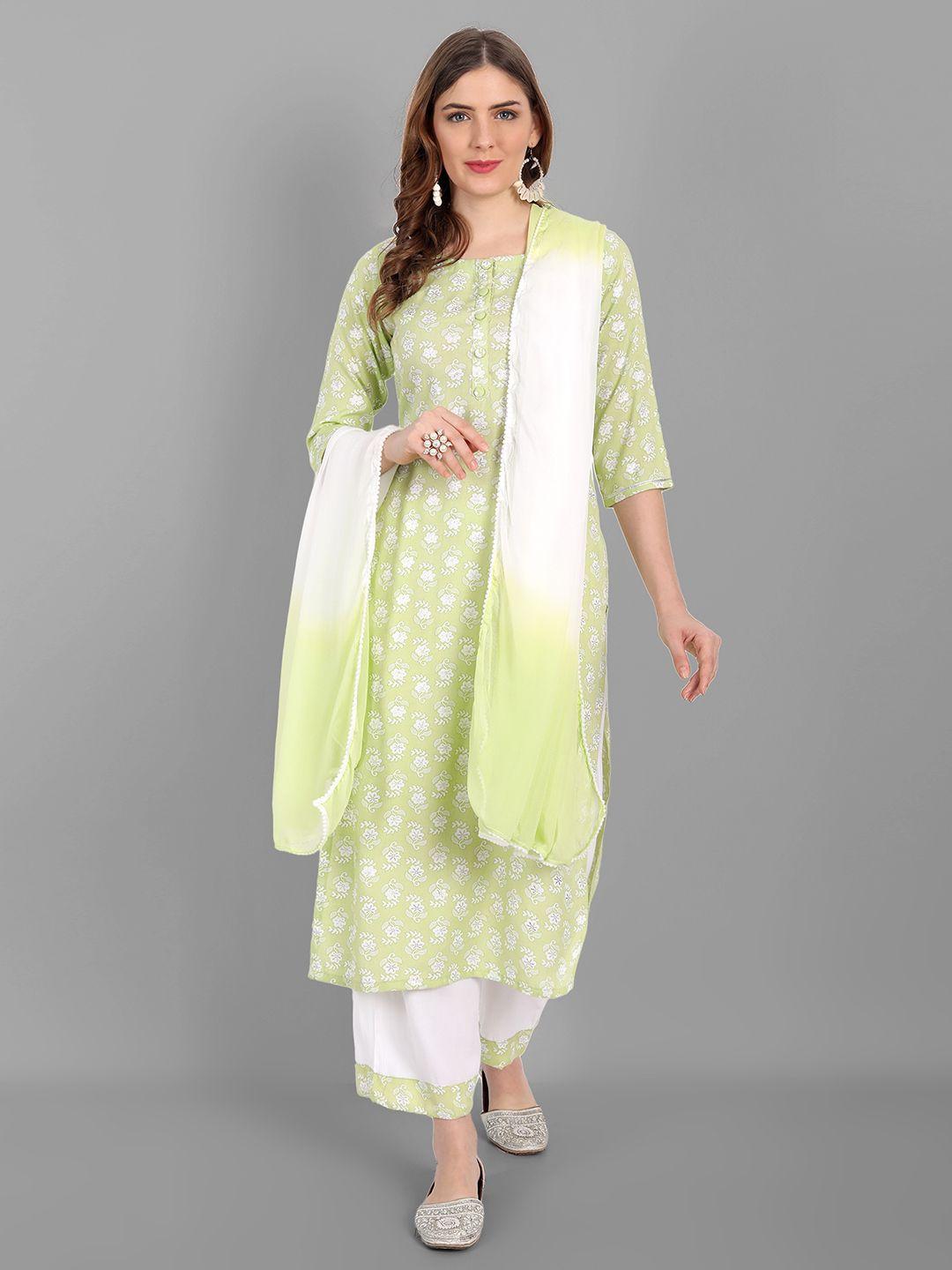 v tradition women green ethnic motifs printed kurta with palazzos & with dupatta