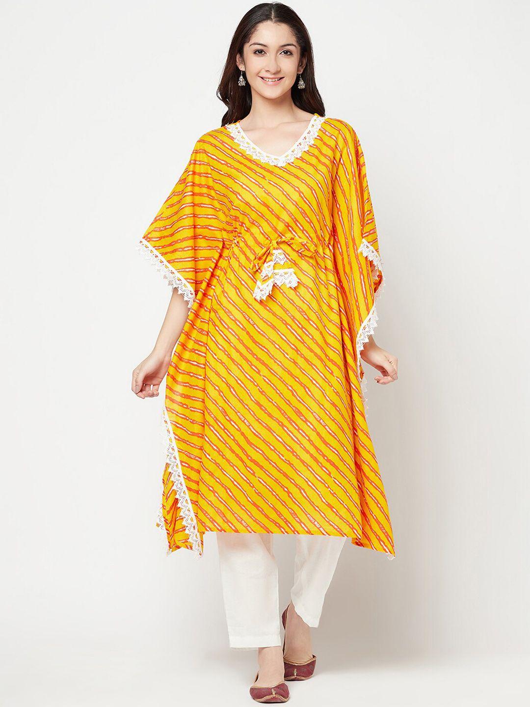 senyora women yellow leheriya printed pure cotton kurti with trousers