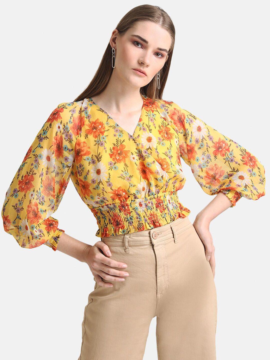 kazo yellow floral print chiffon blouson top