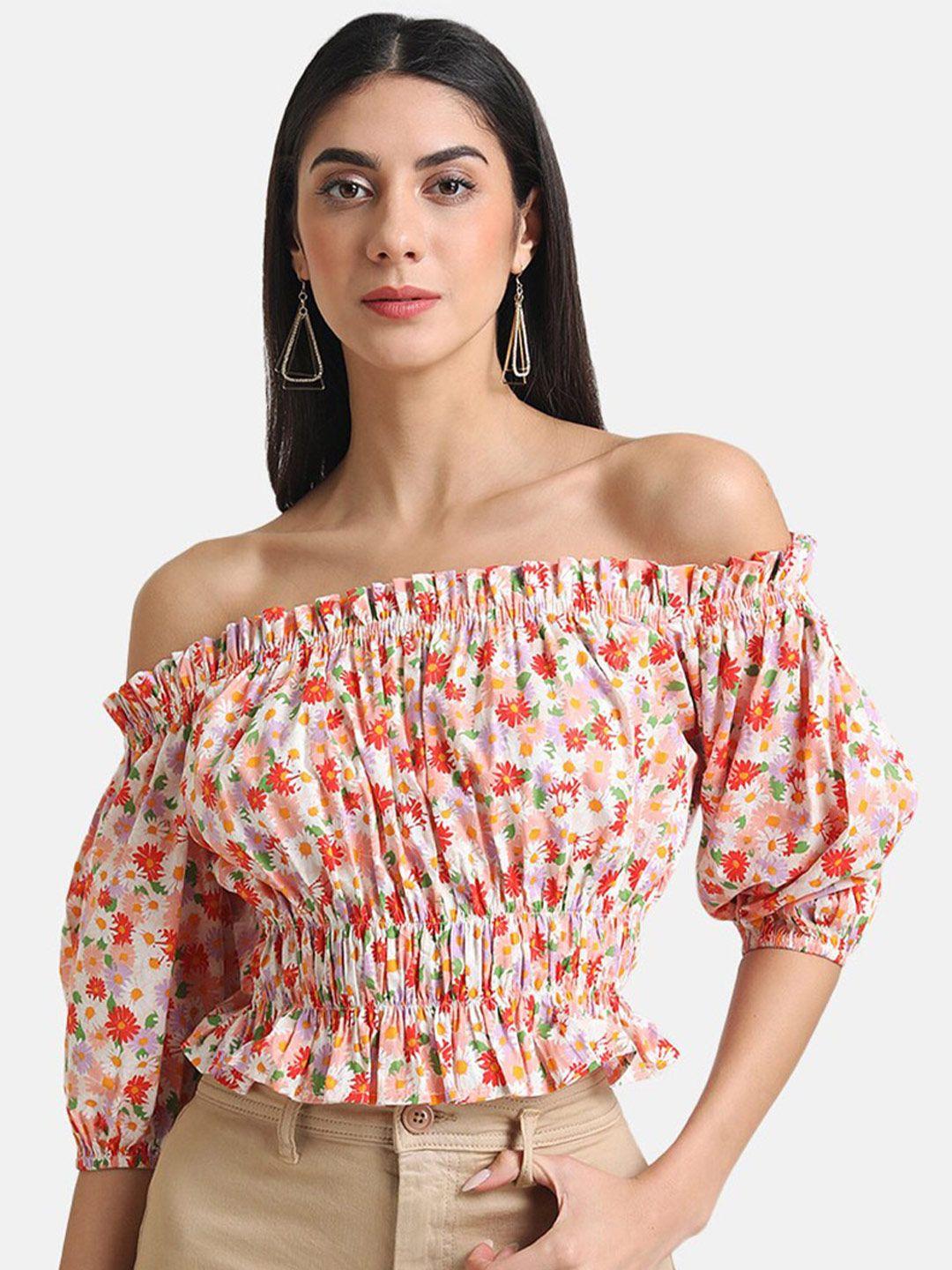 kazo women orange floral print off-shoulder bardot top