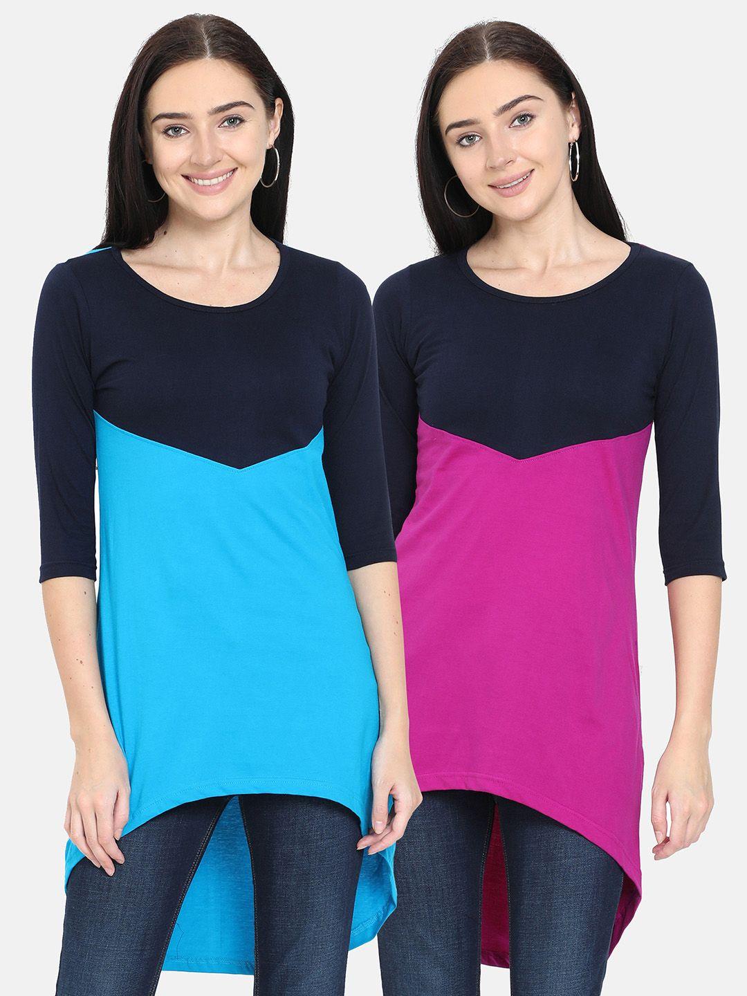 fleximaa women turquoise blue & magenta set of 2 colourblocked pure cotton high-low top